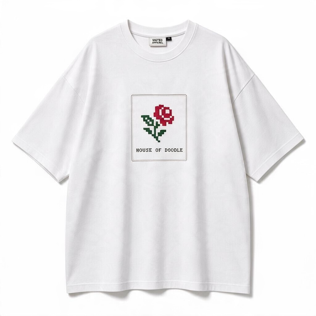 Pixel Art Embroidered Rose Oversized Unisex T-Shirt