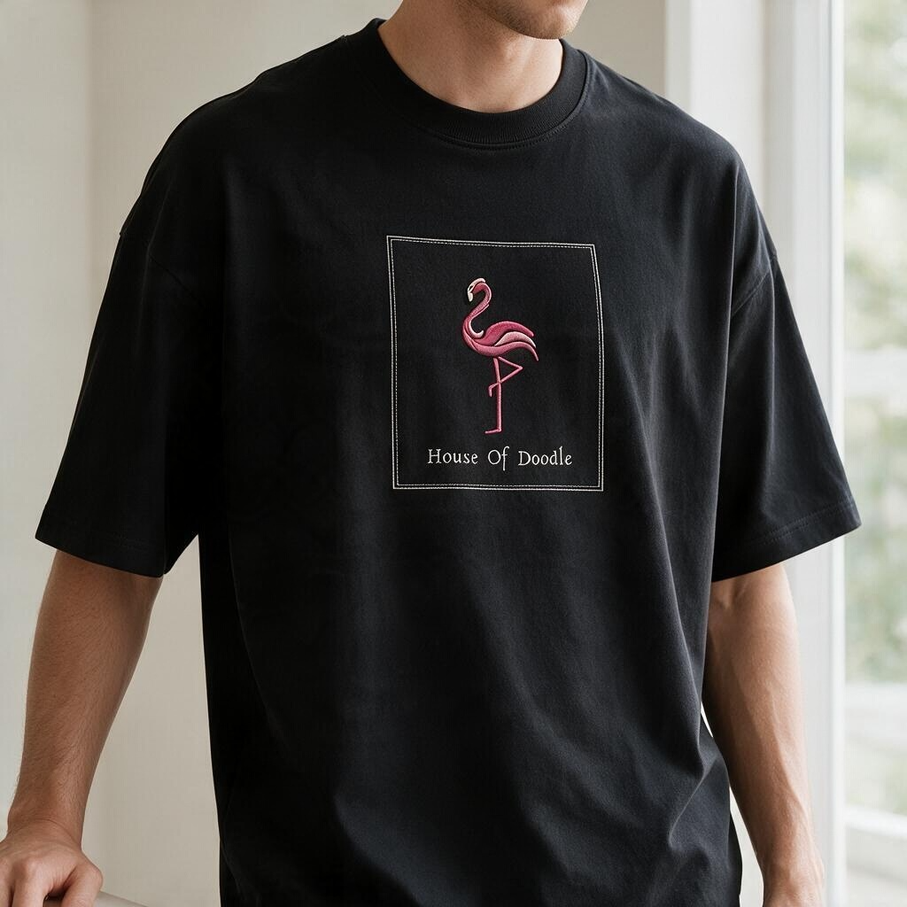 Flamingo Box Patch Embroidered Oversized Unisex T-Shirt
