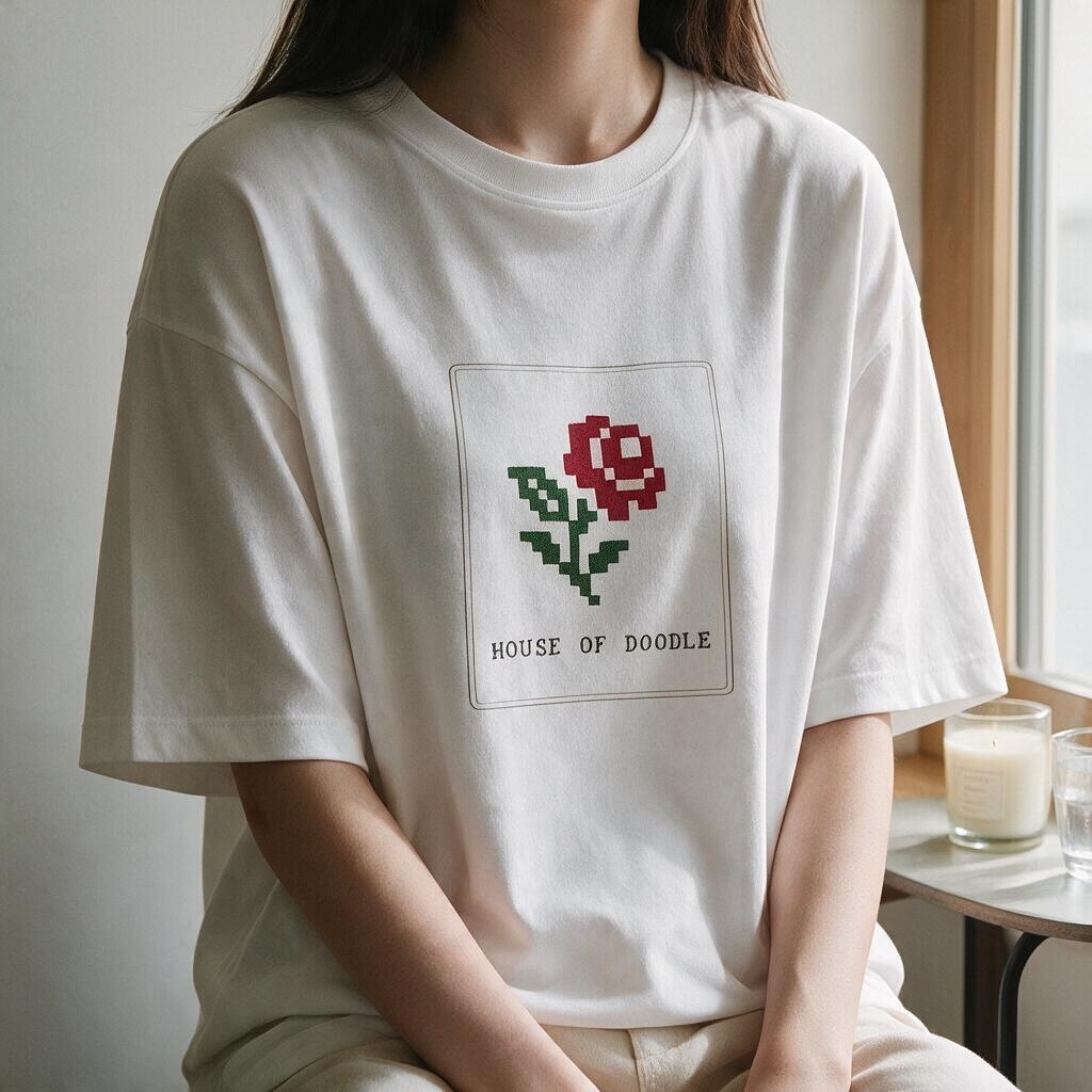 Pixel Art Embroidered Rose Oversized Unisex T-Shirt