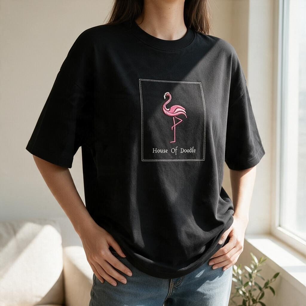 Flamingo Box Patch Embroidered Oversized Unisex T-Shirt