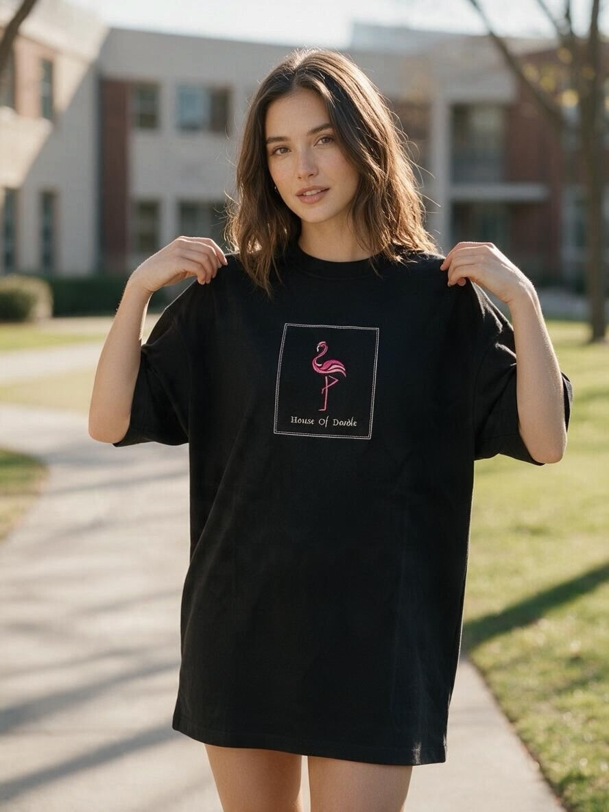 Flamingo Box Patch Embroidered Oversized Unisex T-Shirt