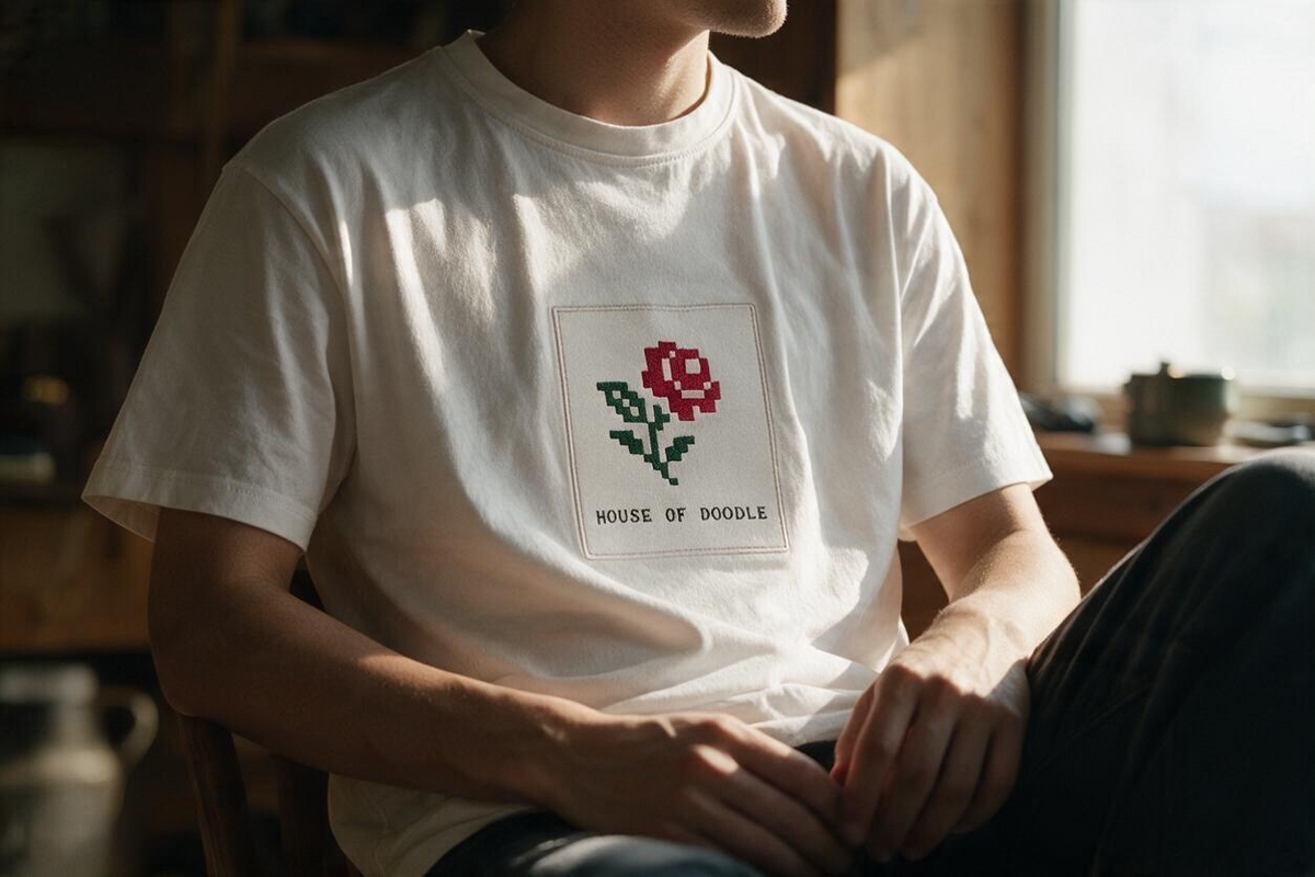 Pixel Art Embroidered Rose Unisex T-Shirt