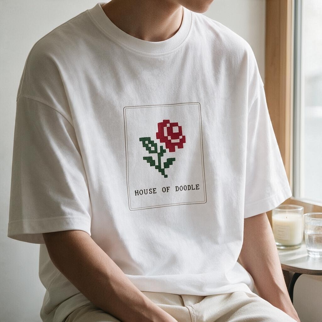 Pixel Art Embroidered Rose Oversized Unisex T-Shirt